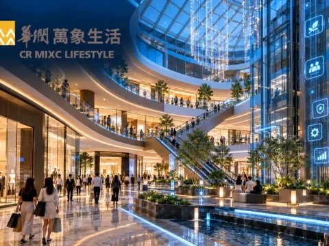 华润万象生活 1209：购物中心及物业服务，高科技风格封面，左上角为公司官方透明底 Logo